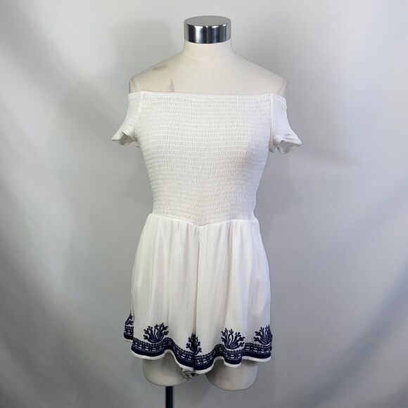 L Space White w Blue Embroidered Trim Romper